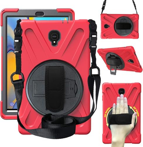 Funda para Samsung Galaxy Tab A 10.5 2018, SM-T590/T595/T597, funda giratoria de 360 grados con correa de mano y correa para el hombro, funda resistente a los golpes (rojo)