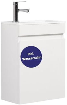 Kometmöbel Gäste-WC Waschtisch Set 40 cm Badmöbel Vormontiert Klein Waschbecken mit Unterschrank (Hochglanz Weiß (mit Wasserhahn Chrom))