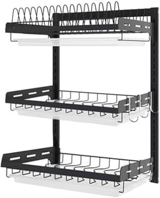 Estante para platos montado en la pared, organizador de almacenamiento de cocina con escurridor, estante de utensilios de 3 niveles para platos, cuencos, tazas y utensilios, escurridor de platos que