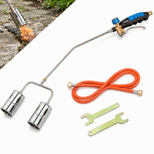 Högert Technik Dachbrenner Set mit Doppeldüse HT2C513, 110 kW Gasbrenner, bis 1850C, 100 cm Brennerlanze, inkl. 5m Schlauch, für Dachpappe Unkrautvernichtung