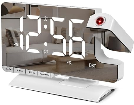 SZELAM Digital Clock,Alarm Clock Bedside with Projection,7.3 Mirror Clock with 180°Rotating Projector,Dual Alarm with 3 Mode,Brightnee Adjust,DST,Snooze,Charging Port,5 Levels Volume for Desk Teens