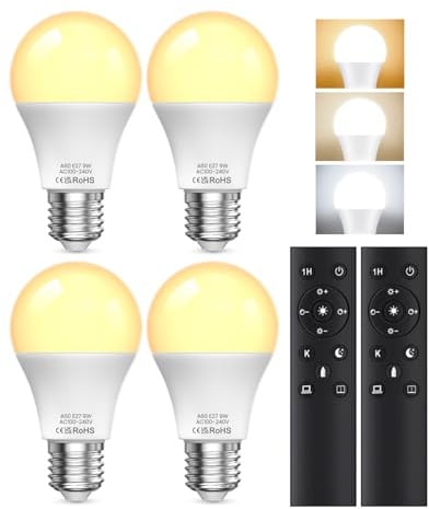 BrightArk Lampadina LED E27 con Telecomando, Lampadina E27 Dimmerabile, Lampadine LED da 9W, 3 Temperature di Colore 3000K-6000K, Lampadine Telecomandate con Funzione di Temporizzazione e Memoria