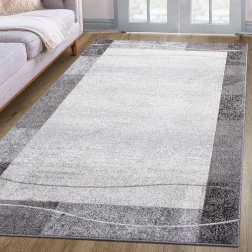 oKu-Tex Teppich Wohnzimmerteppich [240x340 cm] weicher Kurzflor hellgrau - Hellgrauer Teppich für das Wohnzimmer - Carpet Living Room - Modernes Bordüren Design - Deutsche Marke