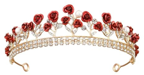 Glitzernde rote Rose Strass Perle Tiara Braut Prinzessin Blumenkrone Stirnband Kopfschmuck Haarschmuck für Hochzeit, Party, Geburtstag