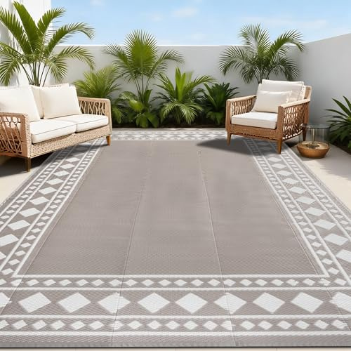 Homcomodar Outdoor Teppich Wetterfest 180x270cm Wendbarer Balkon Teppich Wasserdurchlässig Vorzeltteppich Outdoorteppich Kunststoff für Camping Terrasse Garten Zeltteppich Picknick,Beige