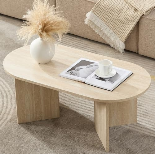 Home heaven® Couchtisch Oval Rund Weiß Travertin Steinoptik – 100 x 50 x 40 cm (L x B x H)