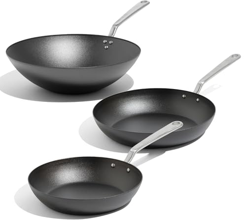 Made In Cookware - Seasoned Carbon Steel Frying Pan Set | Includes Frying Pans and Wok, Professional Cookware, Crafted in Sweden, Induction Compatible
