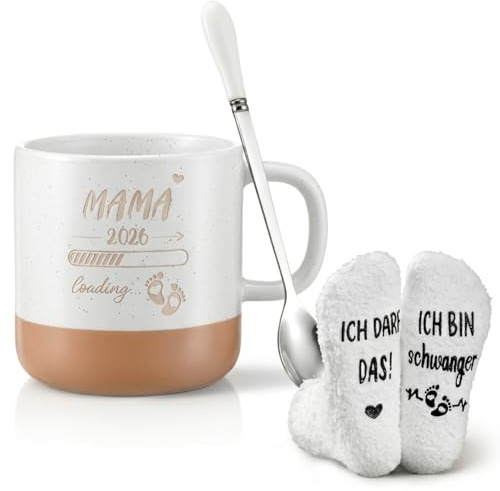 Yaryang 2 Piezas Regalos para Futuro Mamá Papa Taza de Café Calcetines Divertidos Regalo de Anuncio de Embarazo para Embarazadas Amigas Navidad Día de la Madre Día del Padre(Mama, Blanco)