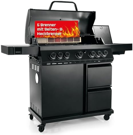 LANDMANN COOL BLACK 5.2 Gasgrill mit 5 Brennern & 800 °C maxX-Zone | Grillwagen mit großer Grillfläche | Thermobox & 2 Schubladen | BBQ-Thermometer | Modulus-Gussrost-System für Wok & Pizzastein