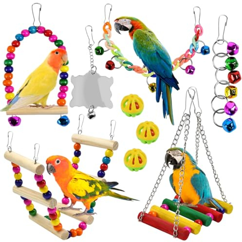 KAGEYMB 9 Stück Vogelspielzeug Papageienspielzeug mit Schaukel Hängematte Glocken Leiter Spiegel Kauspielzeug Sittichspielzeug Vogel Spielzeug für Nymphensittiche Wellensittiche Vogelkäfig Zubehör