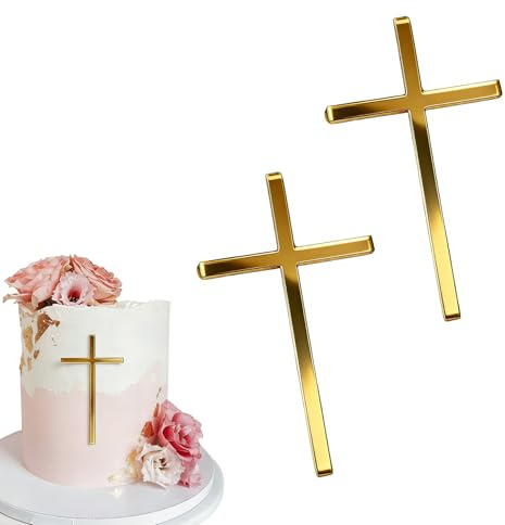 2 Stück Cake Topper Kommunion Tortendeko Kreuz Gold Cake Topper Taufe Tortendeko Tortenaufleger Kommunion Deko Torte Acryl Goldenes Kreuz Kuchen Deko für Taufe Kommunionfeier Konfirmation Hochzeit