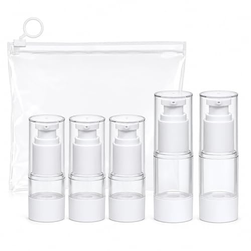 Airless Travel Pump Bottles, 3x15ml & 2x30ml with Clear Pouch | Refillable airless travel pump bottles for skincare, toiletries and clear liquids bag organisation.