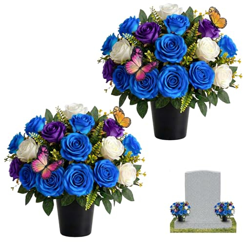 CTANCIFANG Artificial Flowers for Graves, 2 Pots Silk Fabric Roses,Blue | 3 Colors Per Pot, 32 Heads Weatherproof, No Watering Needed, Stays Vivid Outdoors for 3-6 Months