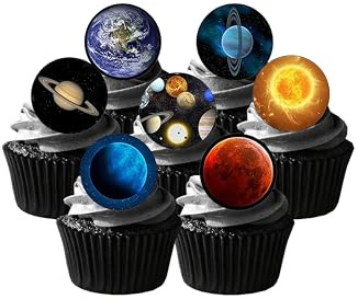 24 x Kuchendekoration, vorgeschnitten, Motiv Planeten, Weltall, Mottoparty, essbar, Oblatenpapier
