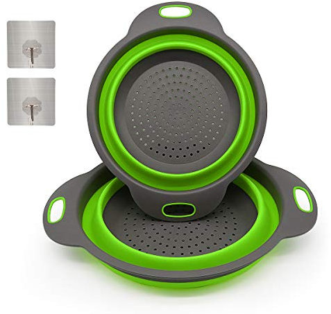2 pièces Passoire pliable,Économisez de l'espace dans la cuisine,Corbeille à fruits portable,avec 2 crochets pour autocollants muraux solides (vert)