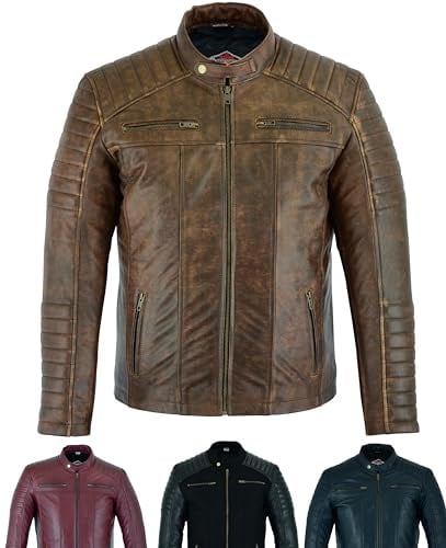 Texpeed veste en cuir homme - Occasionnels doux authentique peau de mouton motard Cuir véritable de style moto - Brun/Marron - M