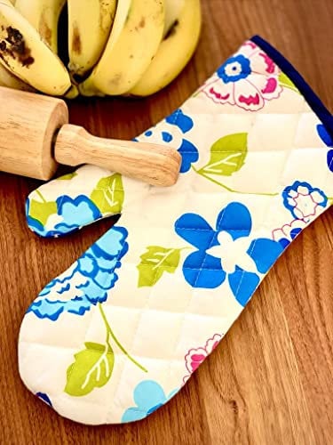 FenixDepot Oven Glove and Pot Holder Heat Resistant Non-Slip, 100% Cotton, suitable for Grilling, Cooking, BBQ, Baking, Microwave - 1 Oven Mitt & 1 Pot Holder (Floral White)