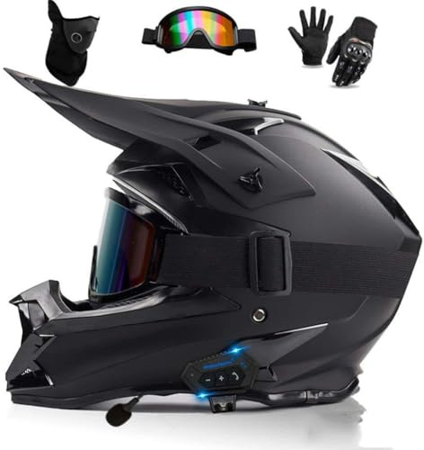 DCLINA Casque de Motocross Bluetooth Approuvé Dot ATV Dirt Moto Cyclomoteur Casques intégraux Tout-Terrain, Crash Cross Downhill HD Four Seasons MX Casque avec Lunettes Gants Masque, S-XL