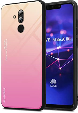 Cadorabo Estuche Compatible con Huawei Mate 20 Lite en Amarillo - Rosa - Funda Protectora Bicolor Fabricada en Silicona TPU y Parte Trasera de Cristal Templado