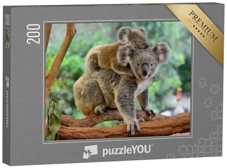puzzleYOU: Puzzle 200 Teile „Koala-Mutter mit Baby auf dem Rücken auf einem Eukalyptusbaum“ – aus der Puzzle-Kollektion Tiere, Koalas, Exotische Tiere & Trend-Tiere