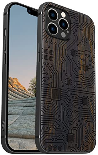 Carveit Magnetic Wood Case for iPhone 12 Pro Case [Hard Natural Wood & Soft TPU] Shockproof Hybrid Protective Cover Unique & Classy Wooden Case Compatible with MagSafe (Motherboard-Blackwood)