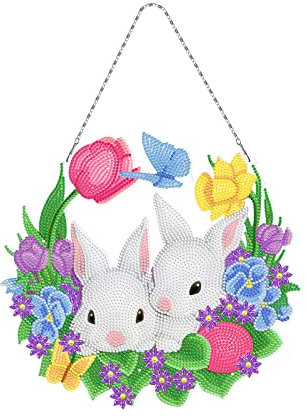EXQULEG Diamond Painting Kranz Ostern Deko, 5D Diamond Painting Kits, DIY Diamant Painting Anhänger Hase Ostereier mit Hängekette, Diamant Malerei Bilder für Wand Und Eingang Dekoration (YH309)