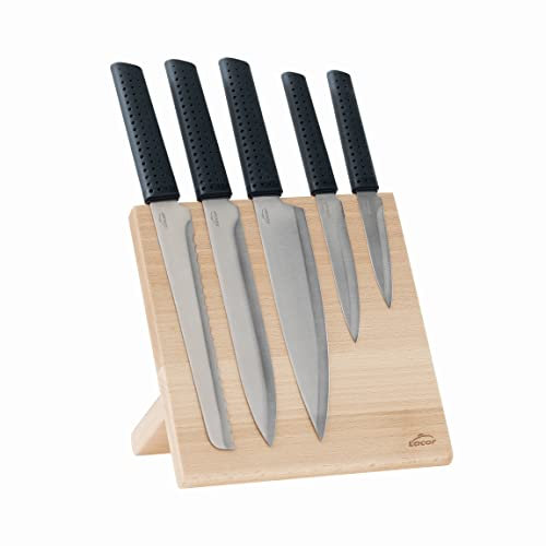 Lacor - 39031 - Cuchillos Cocina con Bloque Magnético, Juego de Cuchillos, Incluye 5 cuchillos, Mango Ergonómico Antideslizante, Acero Inoxidable, Superficie 100% Estable, Madera de Haya, 21 x 22.5 cm