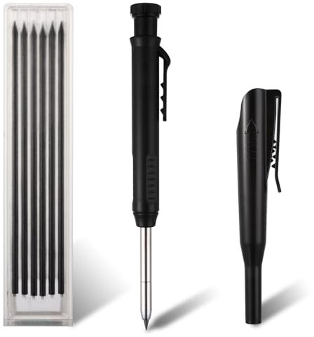 Amabro Tieflochmarker Set, Bleistift Baustelle Tiefloch Bleistift Set Tieflochmarker Bleistift Speedmarker Zimmermannsbleistifte Langlebiger Marker Mit Stifthülle und 6 Ersatzminen(Schwarz)