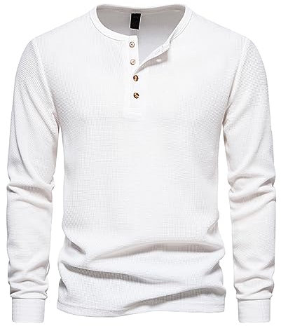 Long Sleeve T Shirt Mens Casual Henley Shirt Button Round Neck Pullover Tops Dressy Solid Colour Waffle Tees Regular-Fit Bottoming Shirt White