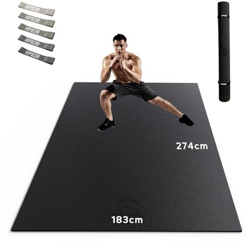 HAPBEAR Extra Groß Breit Sportmatte Fitnessmatte Gymnastikmatte rutschfest-Yogamatte 274 cm x 183 cm x 8 mm Dicke, Hoher Dichte Ultra Haltbar PVC,Trainingsmatten mit Fitnessbänder, Schuhfreundlich-06