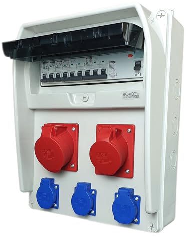 RoadEu - Coffret de Chantier, Répartiteur de courant de construction - Prise 32A et 16A avec 230V - Distributeur de courant avec disjoncteurs et disjoncteur différentiel. Composants PCE