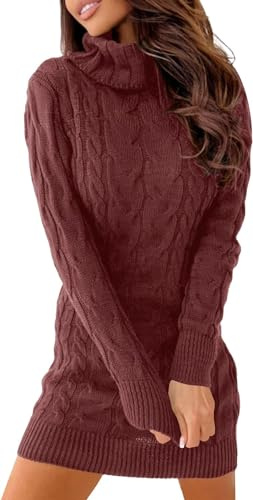 Ebifin Stickad klänning för damer med polokrage, elegant tröjklänning, vinterklänning i stretchigt material, Tegelröd, XL