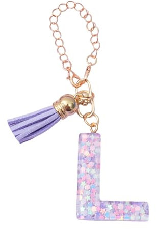 Wizoowip Porte-clés Lettre en résine, Pompon Violet, Pendentif A-z, étoile à Paillettes, Forme Initiale Claire avec gobelet, Sac de Tasse L