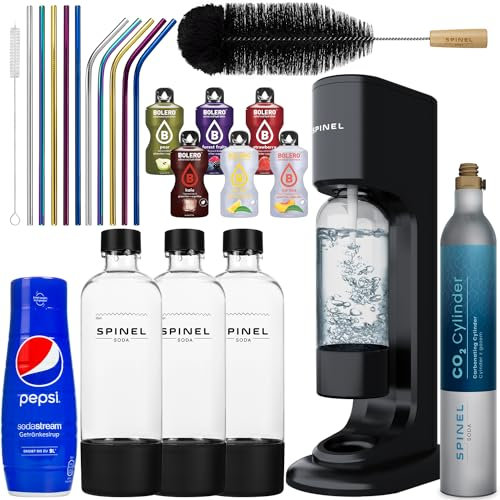 Spinel - Saturador de agua con gas negro, set de iniciación, 3 botellas de 1 l, cartucho de CO2 de 60 l, cepillo de limpieza, 10 pajitas de metal, jarabe de Pepsi