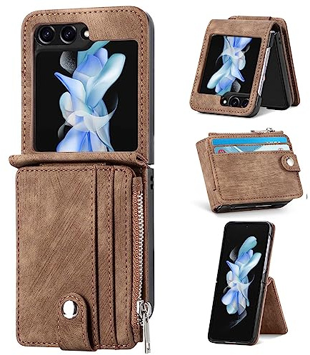 ZCDAYE Hülle für Samsung Galaxy Z Flip 6 Handyhülle mit Kartenetui,Braun | PU Leder Handytasche, Praktische Geldbörse mit Kartenhalter, Bequeme Handy Tasche Schutzhülle Elegante Klapphülle Case
