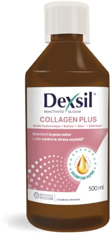 Dexsil Complément Alimentaire Buvable au Collagène d'Origine Marine - A Base d’Acide Hyaluronique et de Zinc - pour une Peau Radieuse, Saine et Élastique - Flacon avec un Bouchon Doseur 500 ml´