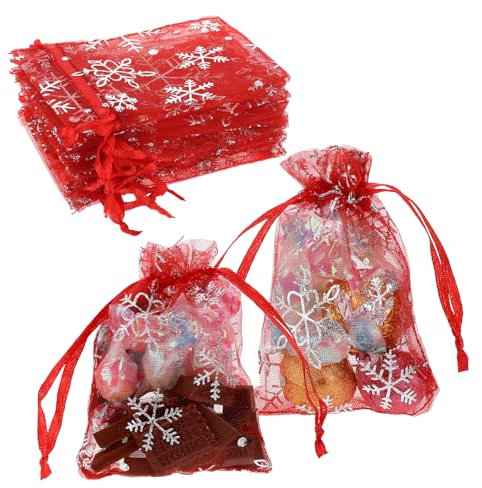 Giantree 100 Stück Organzasäckchen Weihnachten, 7x9 cm Rot Organzabeutel Geschenk Organzabeutel Schneeflocke Organzasäckchen mit Kordelzug Bonbons Geschenk Schmuckbeutel für Geschenk Weihnachten