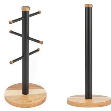 Salter Toronto Mug Tree & Kitchen Roll Holder - Acacia Wood Countertop Stand, 6 Brand Display for Coffee Mugs, Freestanding, Kitchen Storage, Worktop Organiser, Black