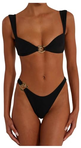 SOLY HUX Metal Ring High Cut Bikini Sets for Women Brazilian Cheeky Two Piece Sexy Bikinis Bathing Suit Swimsuits Solid Black Small