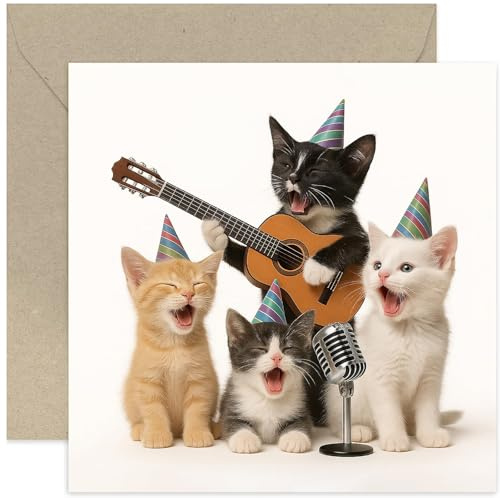 Cat in Music Band Birthday Card, For Men and Women, Thinking of You, Encouragement, Good Luck Designs