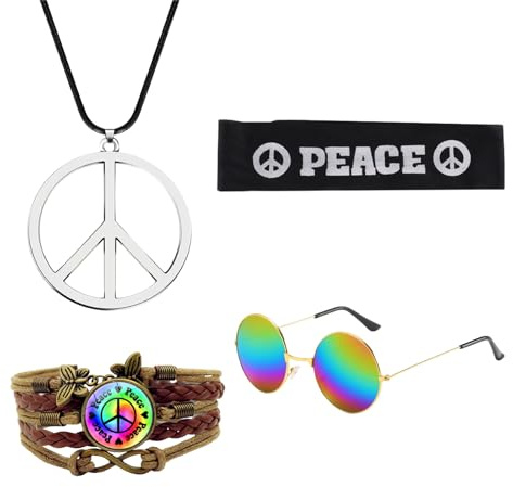 GWAWG Hippie Kostüm Set,Hippie Accessoires Herren,60er 70er Jahre Outfit Damen, Halsketten Brillen Kopfbedeckungen Armbänder Flower Power Bekleidung