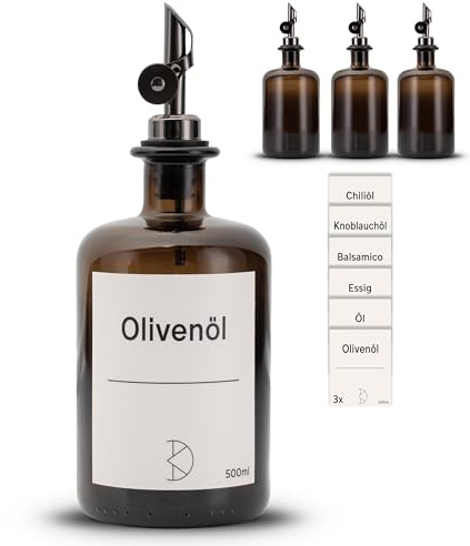 Koffs Design - 3 Stück Ölflaschen zum Befüllen - Moderner Ölspender aus Braunglas mit Edelstahl Ausgießer – Spender für Öl, Essig und Balsamico - verschiedene Aufkleber - 500ml - mit Stickern
