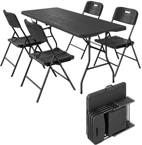 Outsunny Set Tavolo e Sedie da Giardino Pieghevole con 4 Sedie HDPE Nero | Set da Birreria, Tavolo Campeggio in Metallo con Manico, Portatile per Picnic, Esterno, Giardino