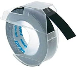 Dymo-Prägeetiketten (selbstklebend, 9 mm x 3 m) weiß auf schwarz