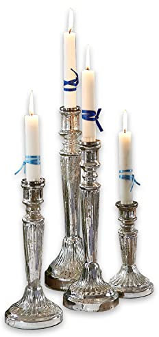 Loberon Kerzenständer 4er Set Selby, unterschiedliche Höhen, mundgeblasen, Kerzenhalter im Vintage-Stil, für Stabkerzen, nach Bauernsilber-Art verspiegelt, Kerzenleuchter, Glas, Silber