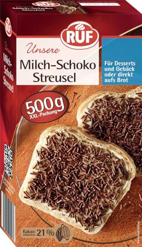 RUF Milch Schoko-Streusel XXL, 500 g Vollmilch Schokoladen-Streusel, aufs Brot, für bunte Plätzchen, Kuchen, Muffins, Pudding & Eis, glutenfrei