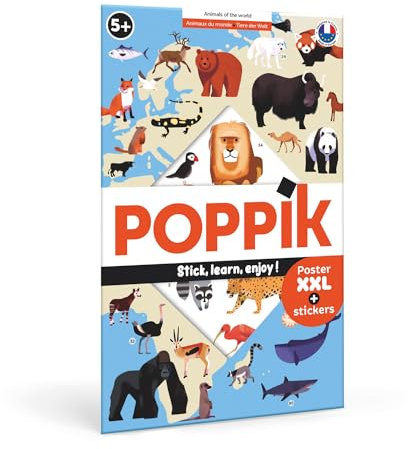 POPPIK 1841051 Sticker-Poster, Tiere der Welt, interaktives Lernposter mit Aufklebern, mehrsprachige Tierweltkarte, für Kinder ab 6 Jahren, 68 x 100 cm