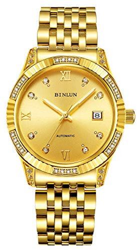 BINLUN Herren Gold Uhren Automatik Armbanduhr leicht lesbares Zifferblatt einfache Uhr Diamant Gold plattiert mechanische Armbanduhr für Männer Leuchtzeiger Armbanduhren（Goldenes Zifferblatt）