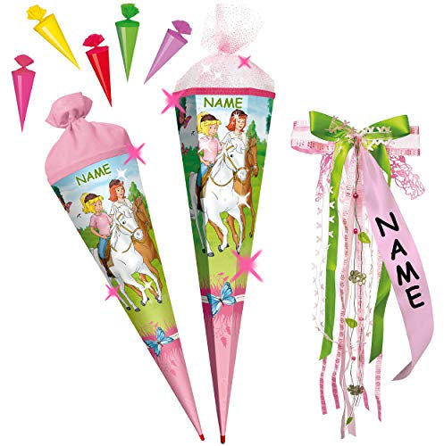 alles-meine.de GmbH mit 3D Effekt - Glitzer ! Set Schultüte + 5 kleine Zuckertüten - Bibi Blocksberg & Tina - Pferde - 22-85 cm - Größe wählbar - mit Holzspitze - 6 eckig..