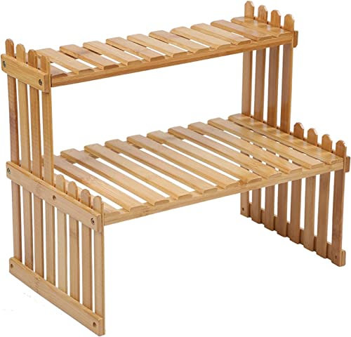GURECOD Porte-Plantes en Bambou à 2 étages, Ajustable, pour la décoration du Bureau ou de la Cuisine Porte-Plantes de Bureau, Porte-Plantes de Cuisine